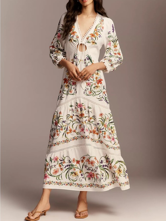 FARM Rio Dresses & Skirts - Farm Rio x Anthropologie Long-Sleeve Cutout Maxi Dress in White